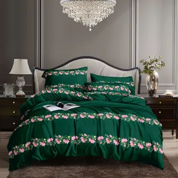 Emerald Lotus Garden – Forest Green & Pink Floral Border Bedding Set