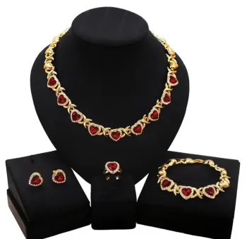 Crimson Romance – Gold Tone Red Heart XOXO Jewelry Set (4-Piece)
