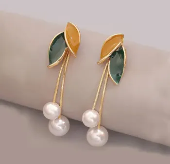 Gold Leaf Earrings with Pearls - Green Yellow Enamel Leaf Drop Earrings Long Dangle Statement Jewelr
