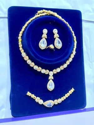 Luxury Womens Fashion Jewelry Set  Gold Plated Necklace Earrings Bracelet Wedding Party Statement Jewelry Collection