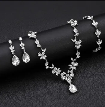 Crystal Floral Bridal Jewelry Set - Silver Teardrop Necklace and Earrings Wedding Jewelry with Marquise Leaf Design