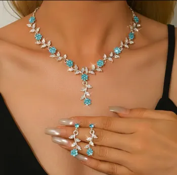 Red Crystal Flower Bridal Jewelry Set - Gold Vine Necklace and Earrings Wedding Jewelry with Rhinestone Leaves