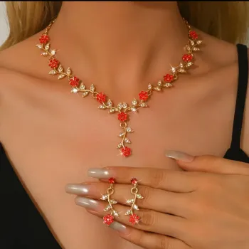 Red Crystal Flower Bridal Jewelry Set - Gold Vine Necklace and Earrings Wedding Jewelry with Rhinestone Leaves