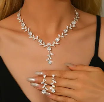 Red Crystal Flower Bridal Jewelry Set - Gold Vine Necklace and Earrings Wedding Jewelry with Rhinestone Leaves