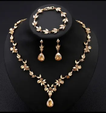 Crystal Floral Bridal Jewelry Set - Silver Teardrop Necklace and Earrings Wedding Jewelry with Marquise Leaf Design