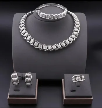 4 Piece Silver Chain Jewelry Set - Chunky Link Necklace Bracelet Ring and Earrings Matching Set for Women