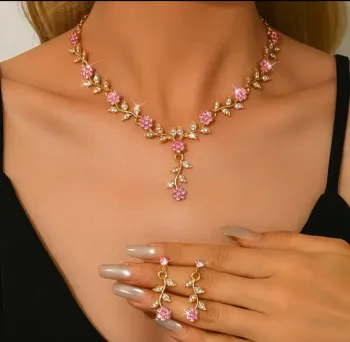 Red Crystal Flower Bridal Jewelry Set - Gold Vine Necklace and Earrings Wedding Jewelry with Rhinestone Leaves