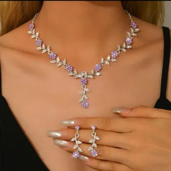 Red Crystal Flower Bridal Jewelry Set - Gold Vine Necklace and Earrings Wedding Jewelry with Rhinestone Leaves