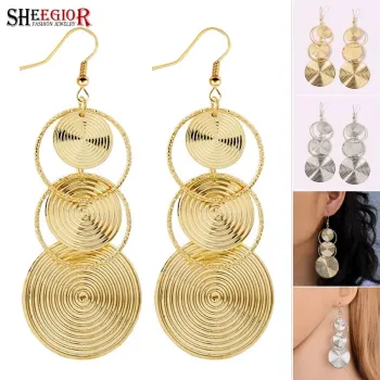Gold Triple Circle Drop Earrings - Textured Disc Dangle Earrings Geometric Statement Jewelry for Women