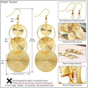 Gold Triple Circle Drop Earrings - Textured Disc Dangle Earrings Geometric Statement Jewelry for Women