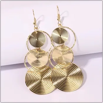 Gold Triple Circle Drop Earrings - Textured Disc Dangle Earrings Geometric Statement Jewelry for Women