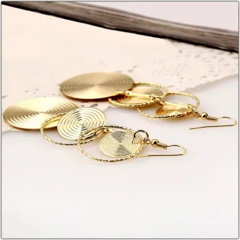 Gold Triple Circle Drop Earrings - Textured Disc Dangle Earrings Geometric Statement Jewelry for Women