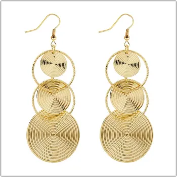 Gold Triple Circle Drop Earrings - Textured Disc Dangle Earrings Geometric Statement Jewelry for Women