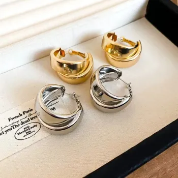 Chunky Triple Hoop Earrings Set - Gold and Silver Twisted Tube Hoop Earrings 2 Pairs Statement Jewelry